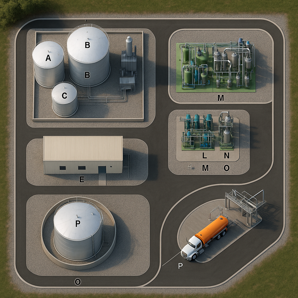 Plan view of co-located FAME B100 production and storage facility